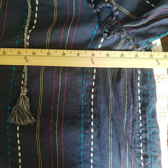 Ella Moss Blouse Womens L Blue Top Braided Tassels Fring Semi Sheer Boho Peasant - Picture 10 of 10